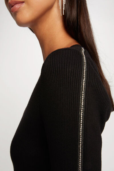 Pull manches longues bandes bijoux noir femme