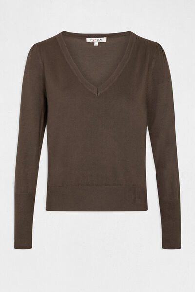 Pull manches longues avec col en V vert kaki femme