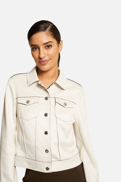 Blouson droit boutonné suédine ecru moyen femme
