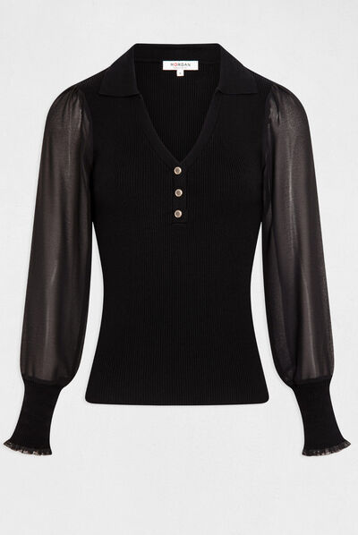 Pull manches longues semi-transparentes noir femme