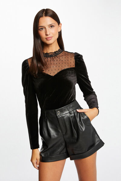 T-shirt manches longues velours plumetis noir femme