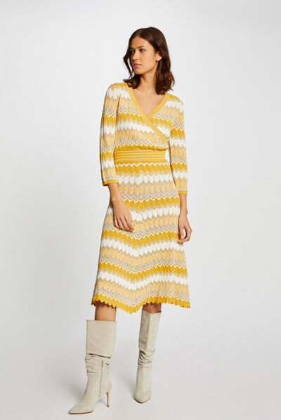 Jupe midi droite tricotée à rayures jaune femme