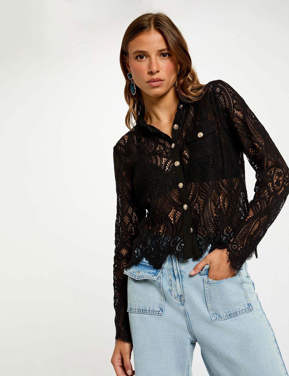Chemise Femme Xhilaration Noire Dentelle - Taille M Crop - Neuve Avec Étiquettes