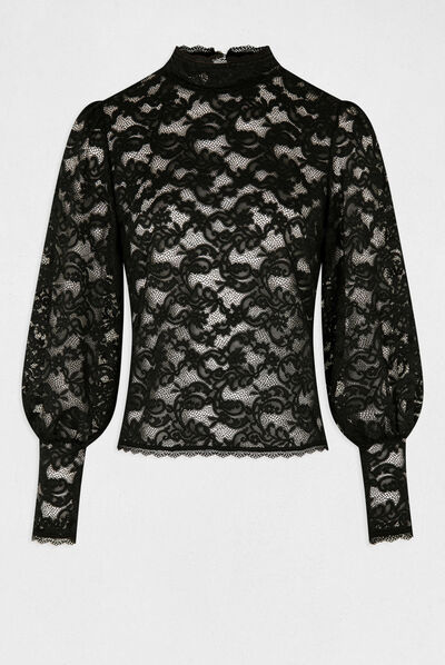 T-shirt manches longues en dentelle noir femme