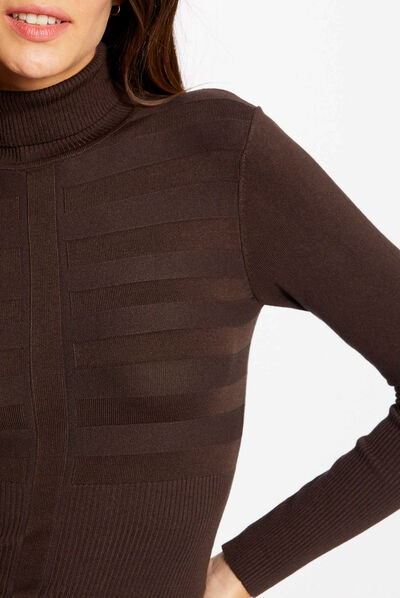 Pull manches longues col roulé marron fonce femme