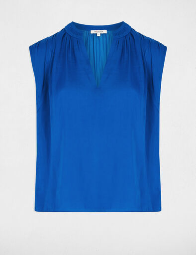 Blouse manches courtes satin bleu electrique femme