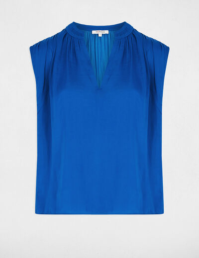 Blouse manches courtes satin bleu electrique femme