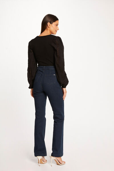 Pull manches longues bouffantes brodées noir femme