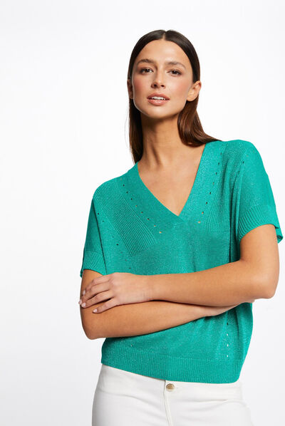 Pull manches courtes à col en V vert clair femme