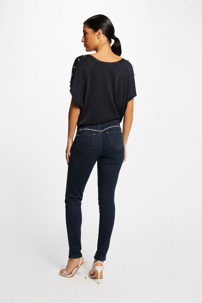 Pull manches courtes à col en V marine femme
