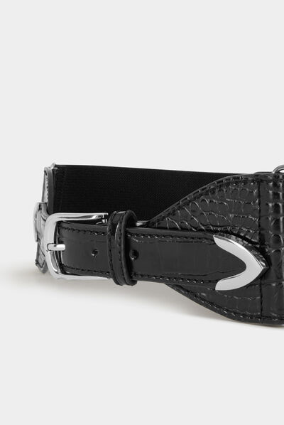 Ceinture élastiquée aspect croco noir femme