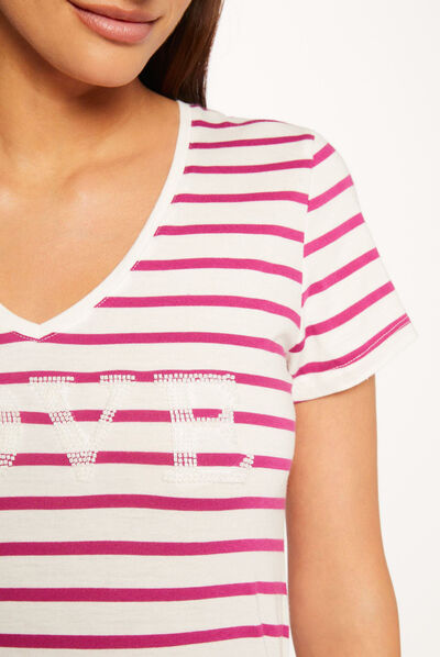 T-shirt manches courtes à rayures framboise femme