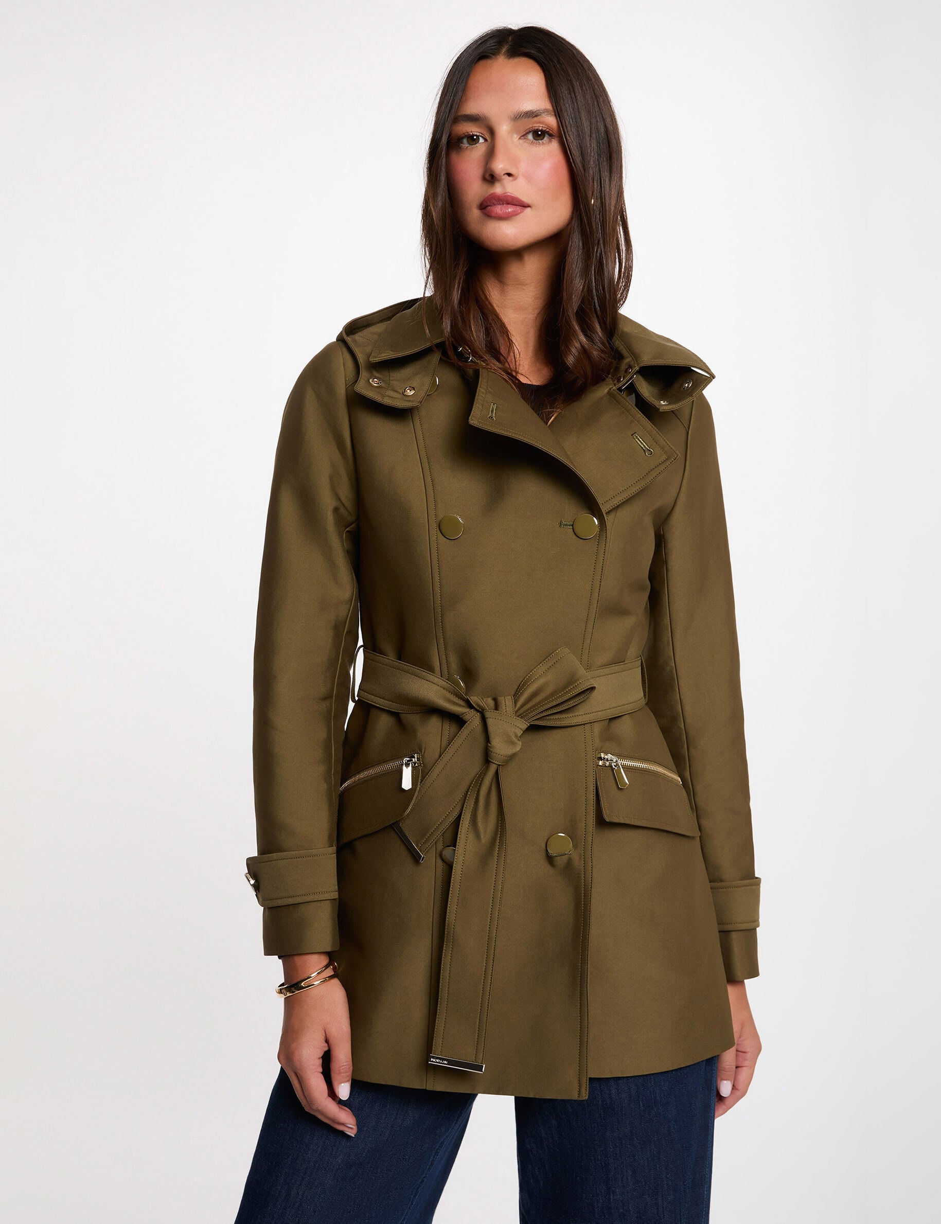 Trench cintré ceinturé à capuche femme