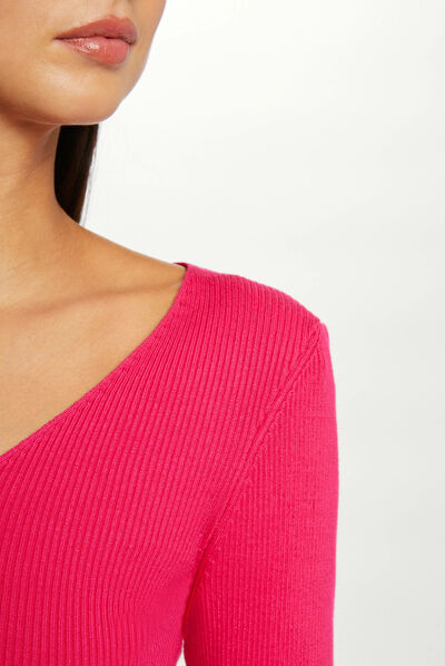 Pull manches longues col en V rose moyen femme