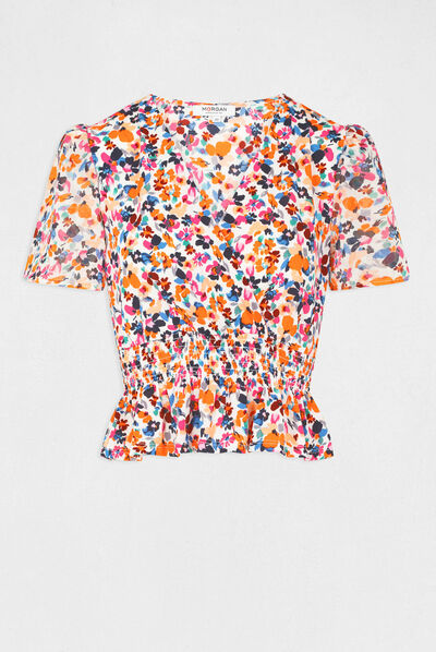 T-shirt manches courtes imprimé floral ecru femme