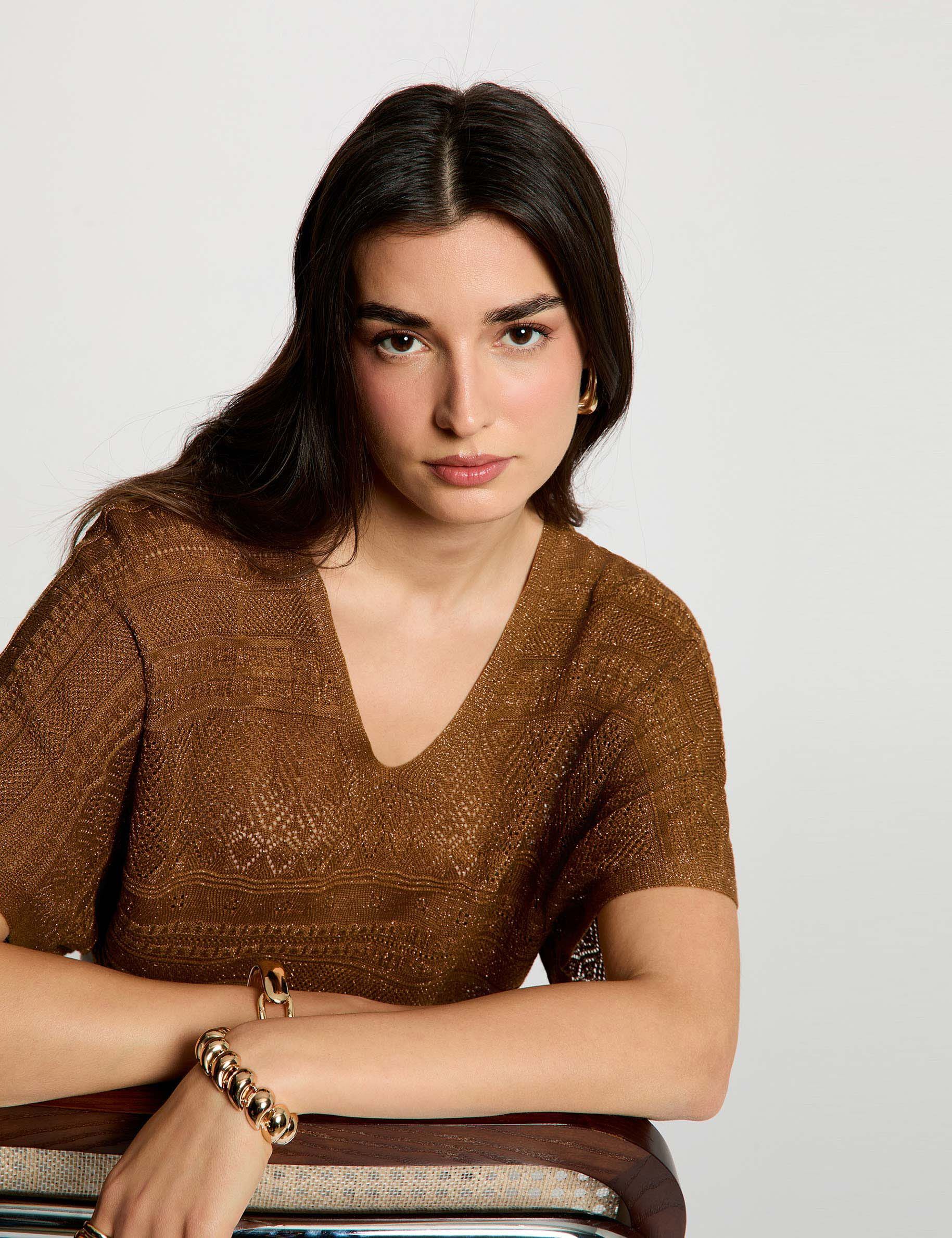 Pull oversize col v camel femme - vue 1