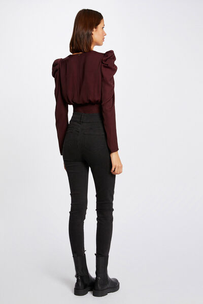 Blouse manches longues col cache-coeur prune femme