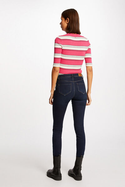 Pull manches courtes à rayures fuchsia femme