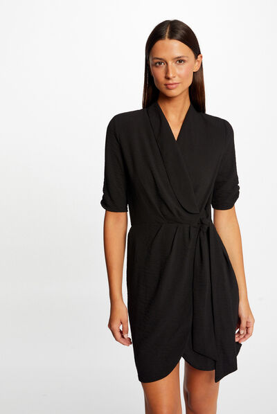 Robe portefeuille manches 3/4 noir femme