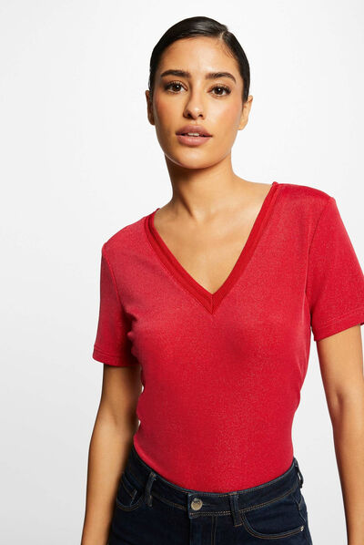 T-shirt manches courtes avec col en V framboise femme