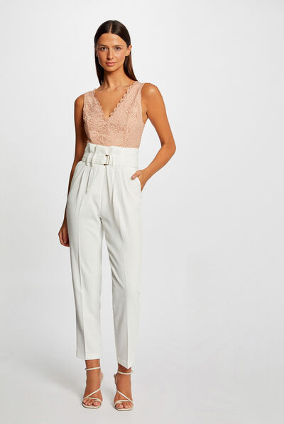 Pantalon paperbag ceinturé ecru femme