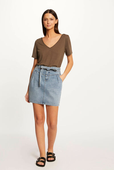Jupe droite ceinturée en jean jean stone femme