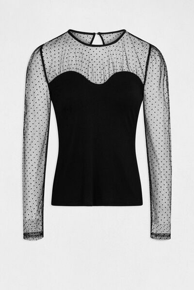 T-shirt manches longues à plumetis noir femme