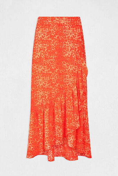 Jupe longue portefeuille imprimé léopard orange femme