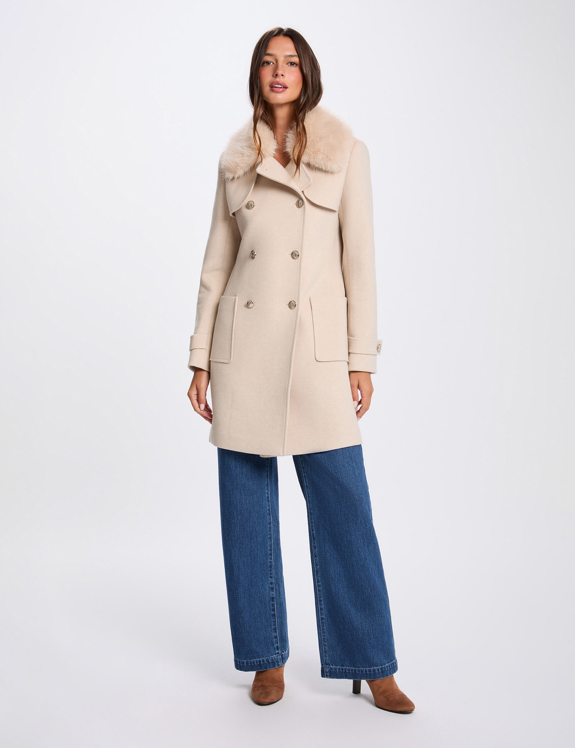 Manteau droit col fourrure femme