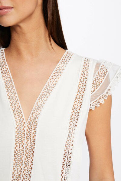 T-shirt manches courtes à dentelle ecru femme