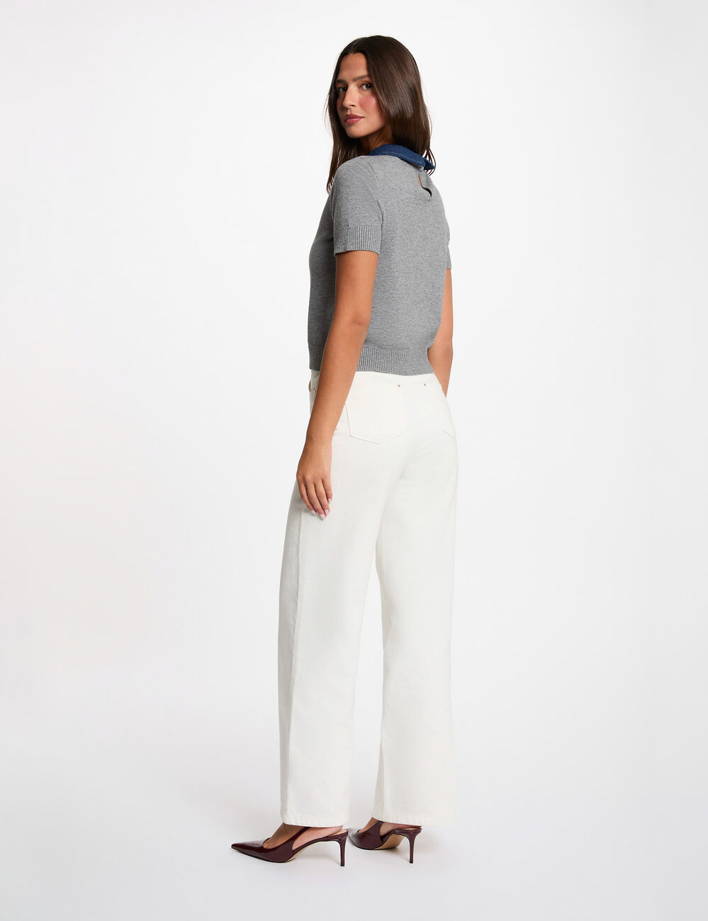 Pull col &agrave; revers gris clair femme