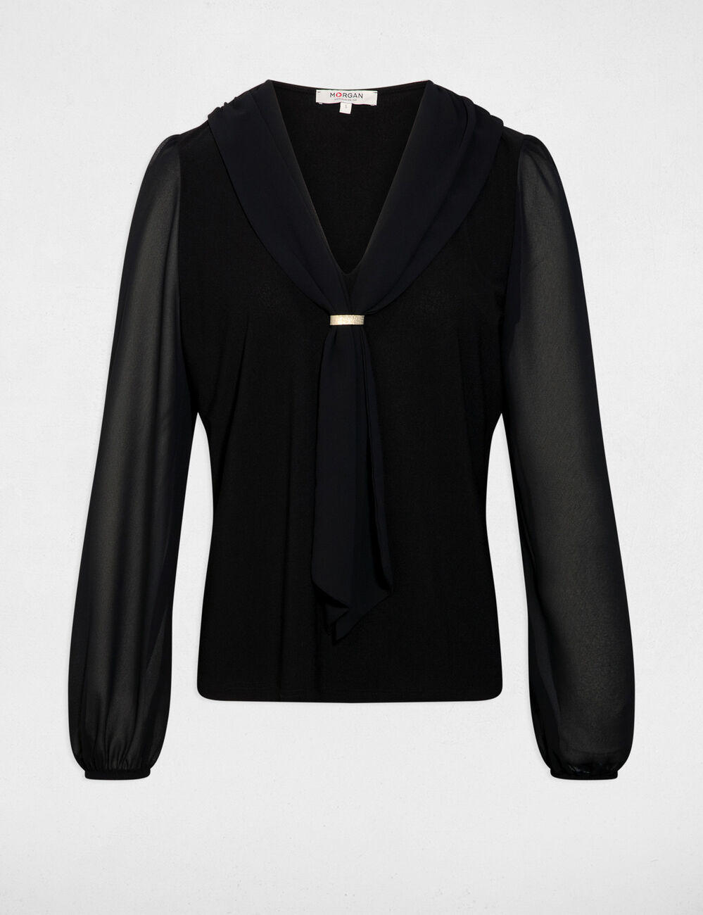 T-shirt voile col lavalli&egrave;re noir femme