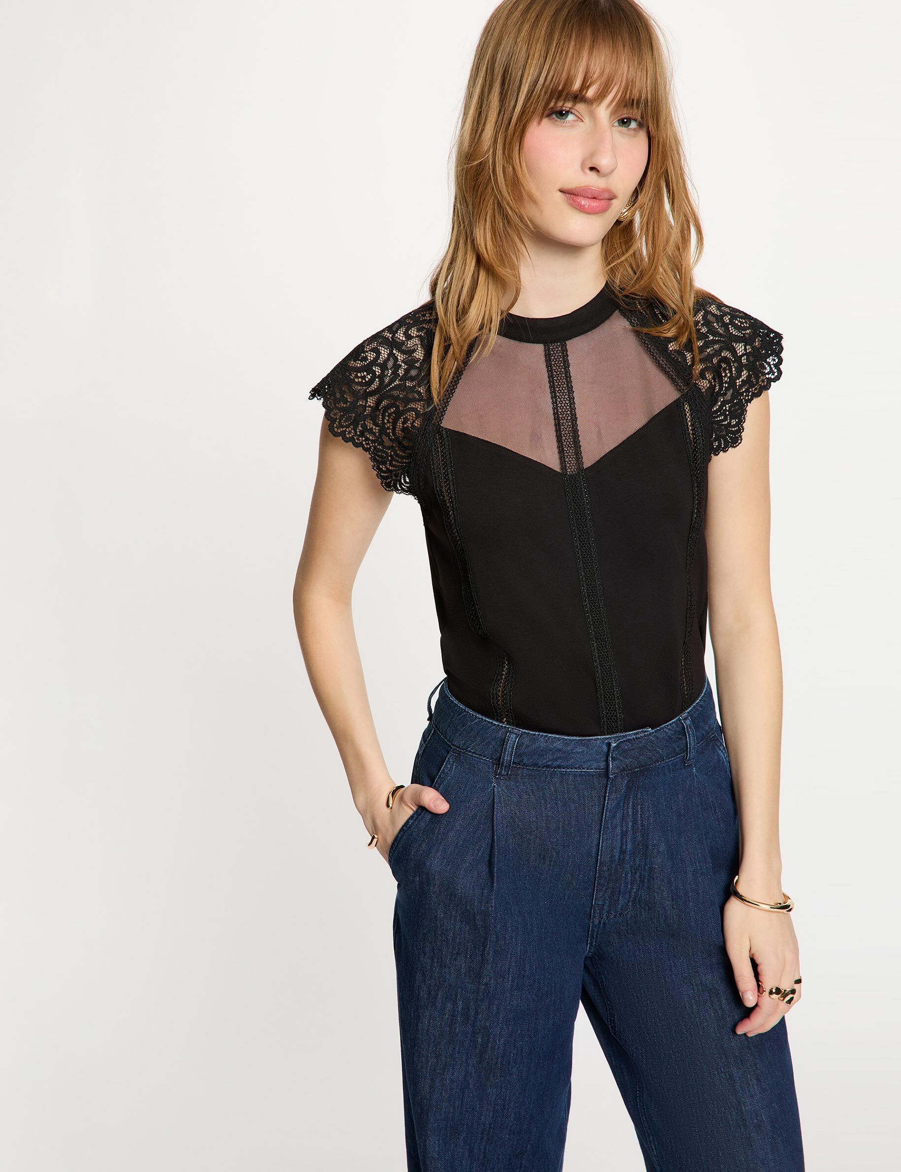 Débardeur dentelle col montant noir femme