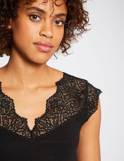 T-shirt manches courtes &agrave; dentelle noir femme