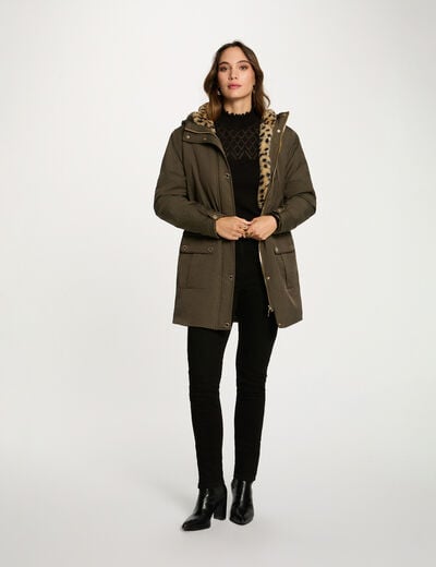 Parka longue fausse fourrure vert kaki femme