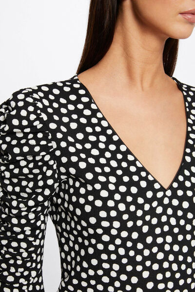 T-shirt manches 3/4 imprimé à pois noir femme