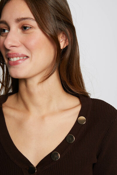 Pull manches longues boutons marron femme