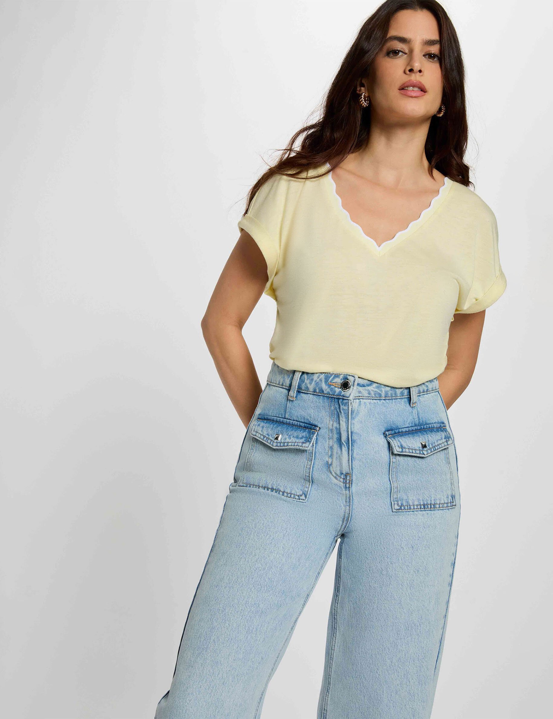 T shirt col v manches courtes jaune pastel femme - vue 1