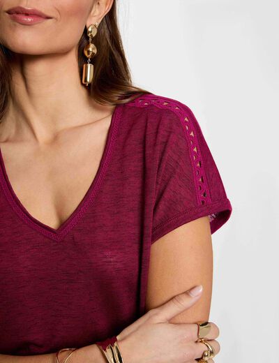 T-shirt col v manches courtes prune femme