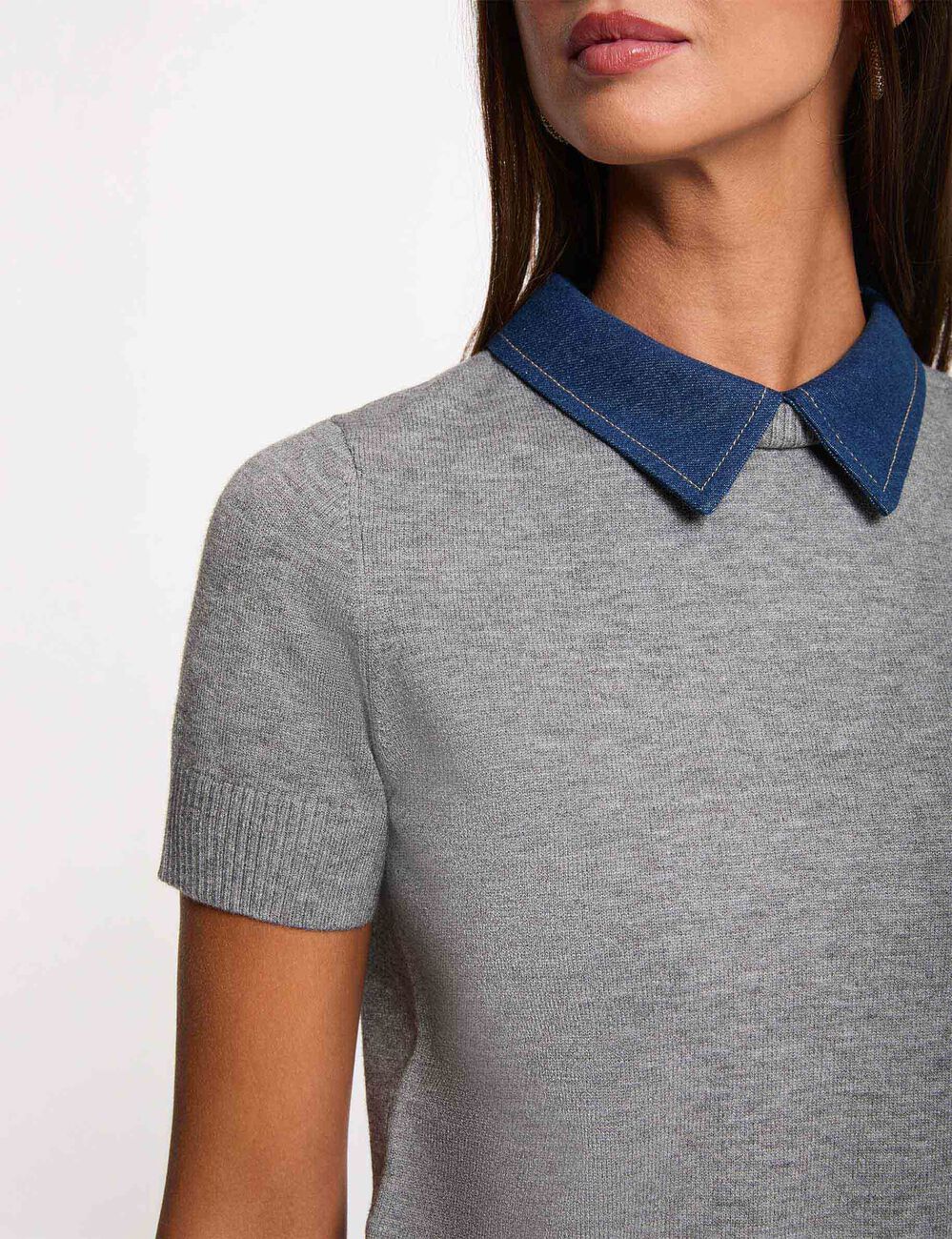 Pull col &agrave; revers gris clair femme