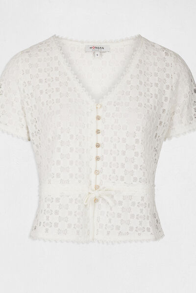 T-shirt manches courtes en dentelle ecru femme