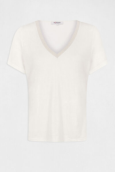 T-shirt manches courtes col en V ecru femme