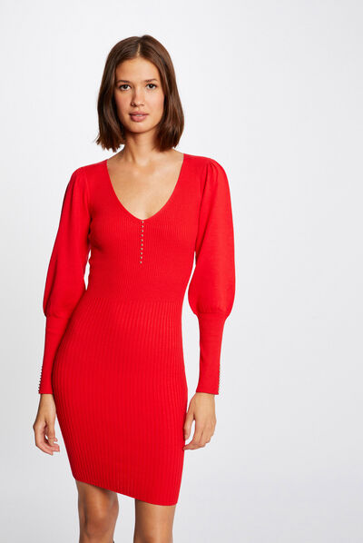 Robe pull ajustée avec col en V rouge femme
