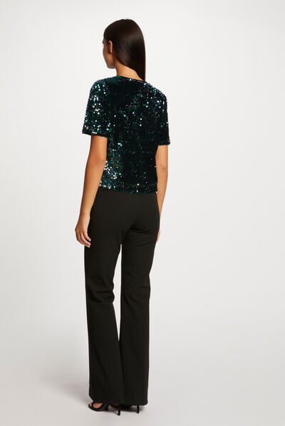 T-shirt manches courtes à sequins vert fonce femme