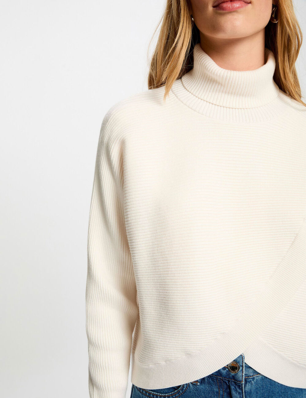Pull manches longues effet crois&eacute; ivoire femme