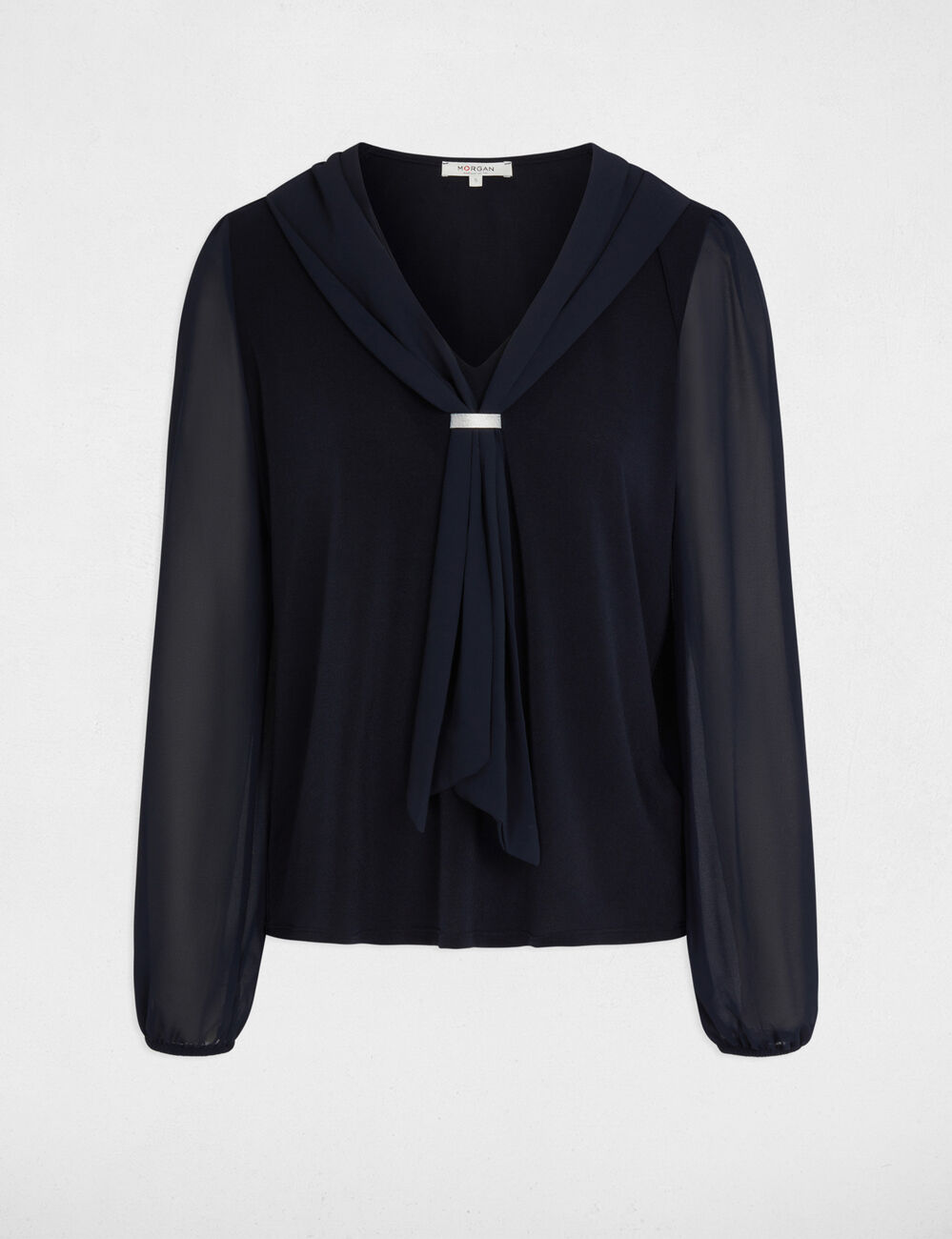 T-shirt voile col lavalli&egrave;re bleu marine femme