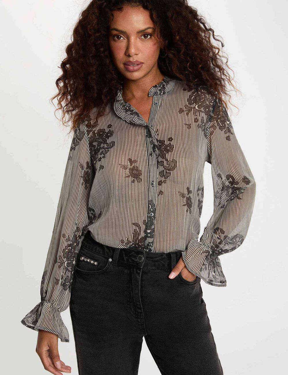 Chemise imprim&eacute;e col montant multicolore femme
