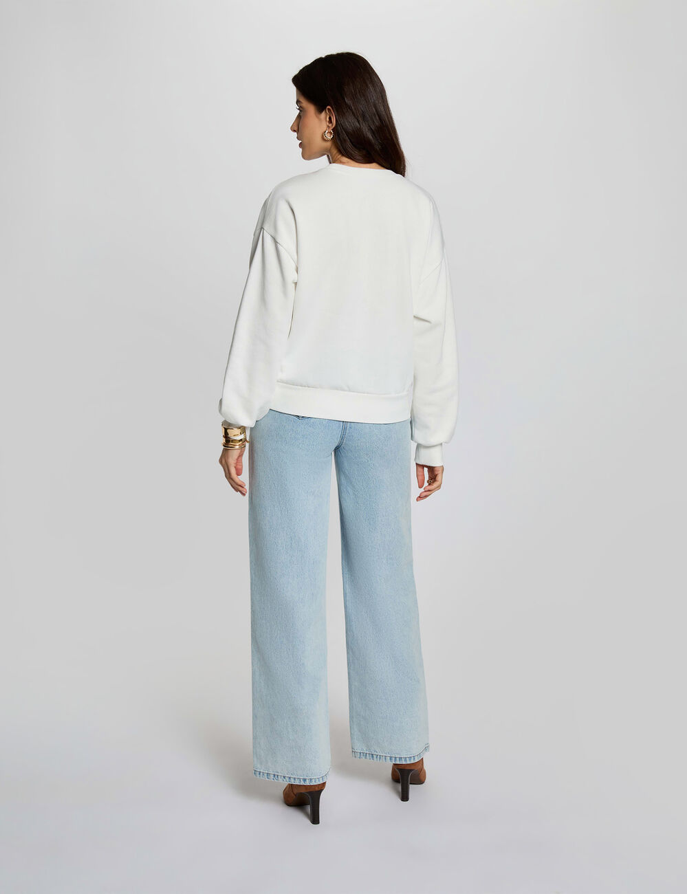 Pull maille brod&eacute;e blanc femme