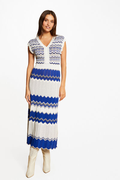 Robe pull longue droite imprimé chevron bleu moyen femme