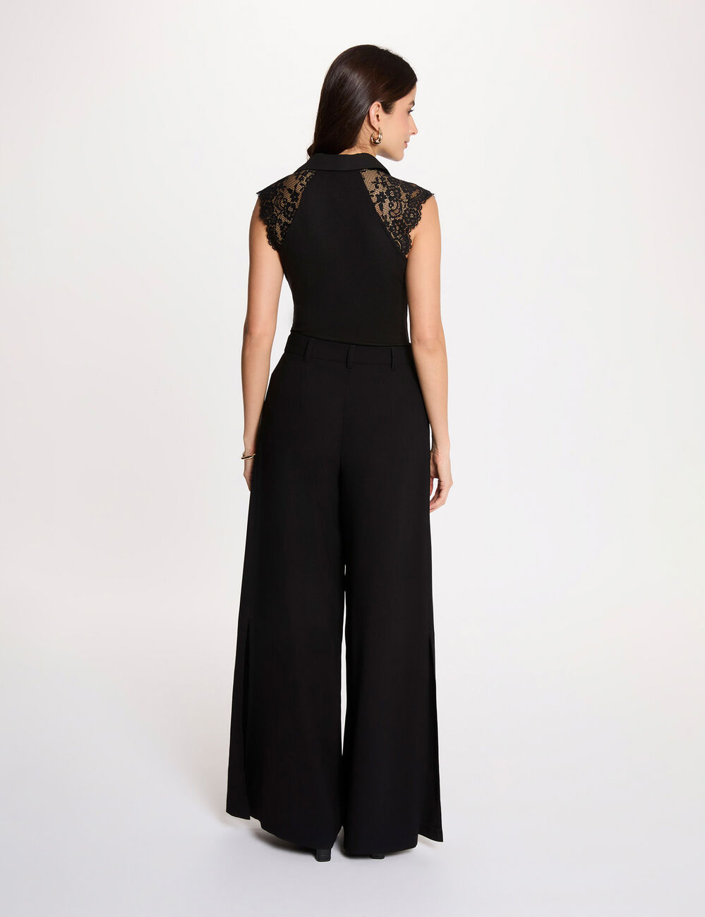 T-shirt dentelle col revers noir femme